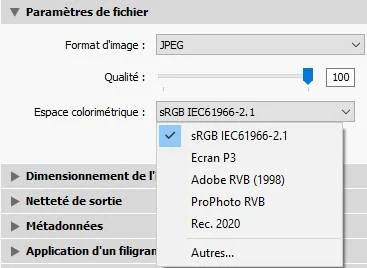 Lightroom oblige à choisir un espace colorimétrique pour exporter un fichier