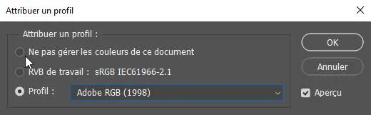 Photoshop vous permet de choisir de ne pas affecter un espace colorimétrique pour exporter un fichier